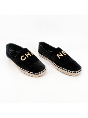 Chanel Logo Espadrilles EU 37 US 6-6.5 Black Velvet Rope Sole Slip On Flat Shoe